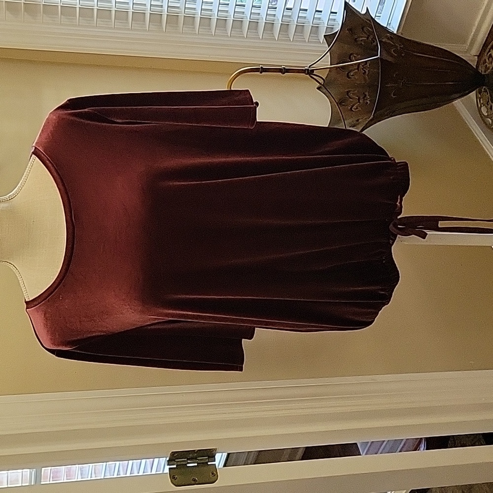 Loft grape velour top short bell sleeve round neck drawstring waist Medium EUC…